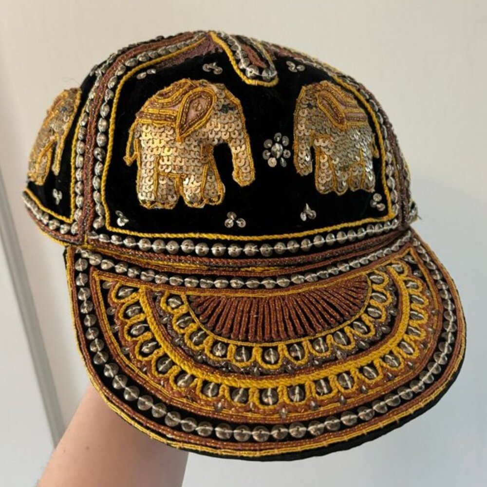 Unique Boho Vintage Velvet Sequined Embroidered Tapestry Elephant Burmese Hat